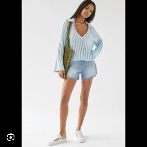 BDG UO For Everette Baby Torn Woven Textured Polo Sweater MEd M Bell Sleeve